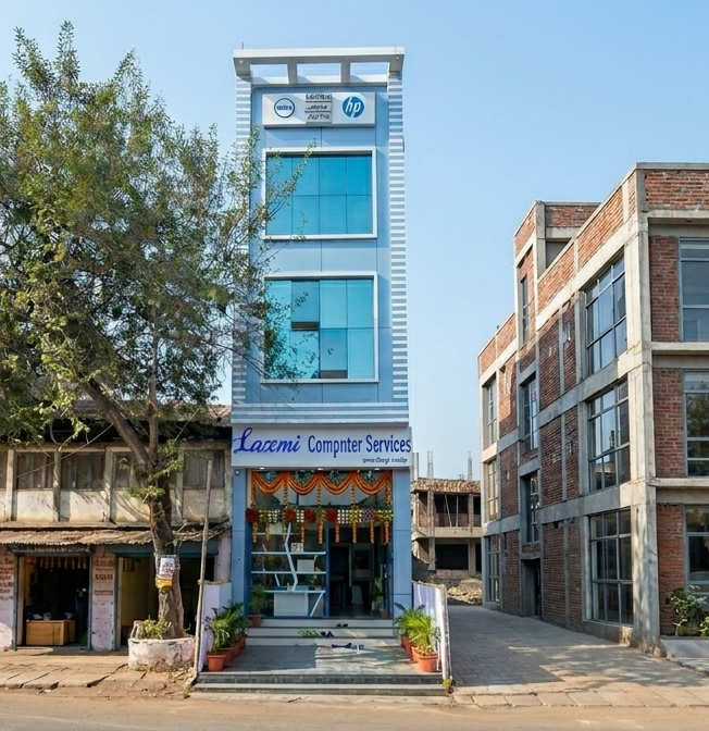 Laxmi Computer Service storefront at Milan Chowk, Chandrapur — laptops, gaming PCs, CCTV systems and repair services